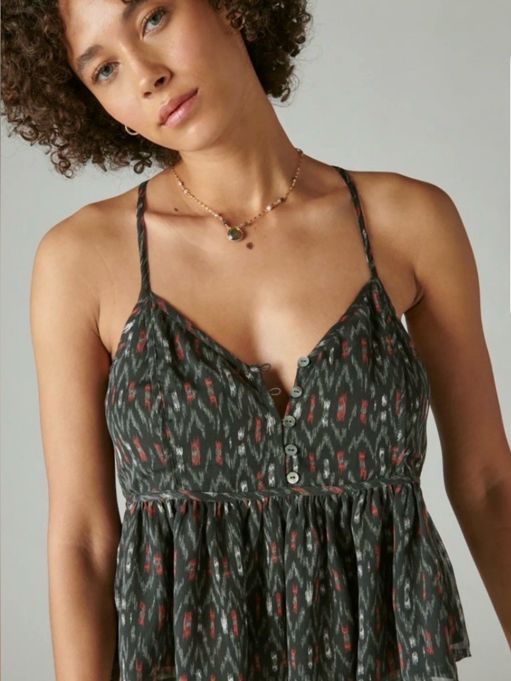 NWT Lucky Brand Ikat Print Tiered Babydoll Cami Top Medium